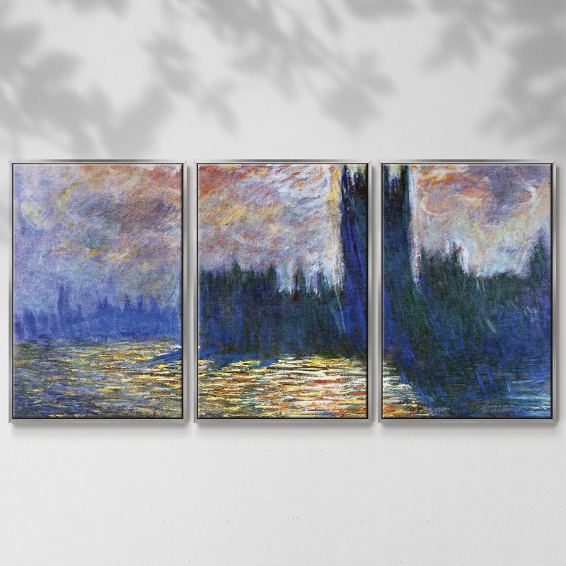 "Maisons du Parlement", reflet de la Tamise, 1900, reproduction sur toile 3 pièces, H 24 po x l 48 po x P 2 po, Argent