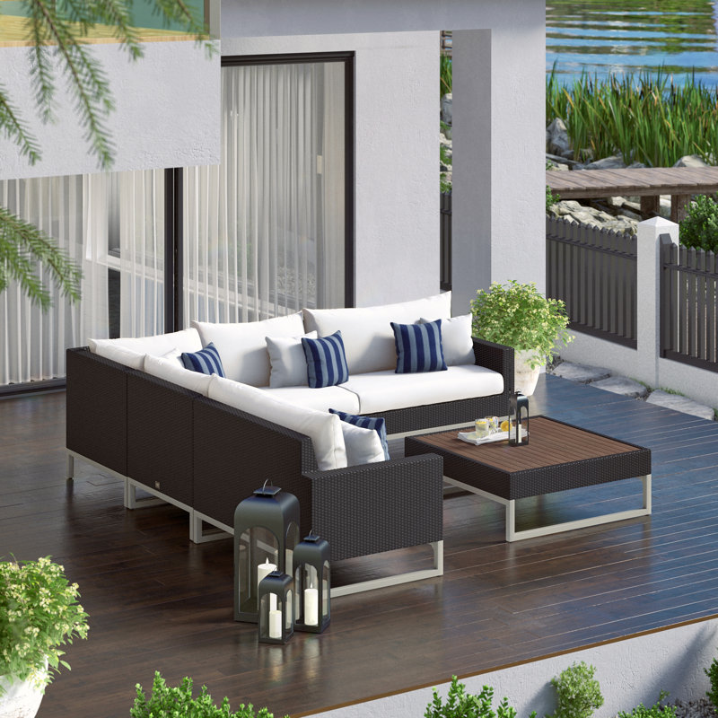 6 Piece Outdoor Sectioanl Seating Group, Centered Ink Stripe Sunbrella®, Brown