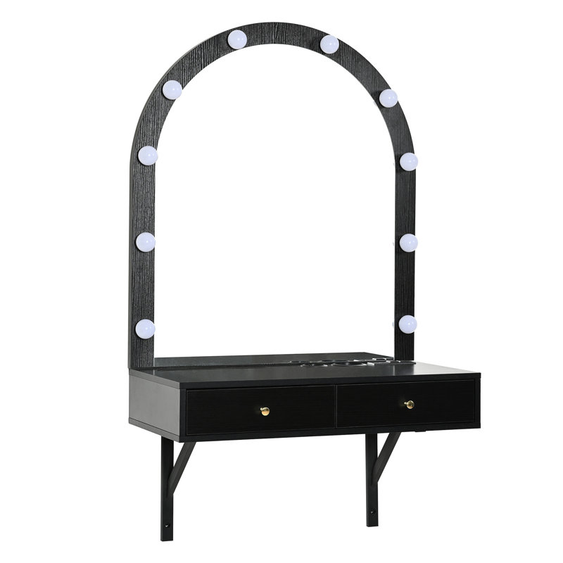 Floating Vanity Desk With 3-colour Lights Mirror & Power Outlet, Storage Area Wall Dressing Table Large Storage, Compact