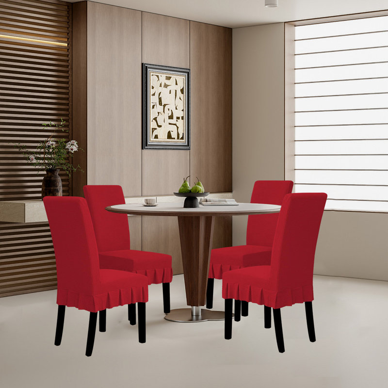 Housse de chaise de salle à manger avec jupe, housse extensible pour chaise, ensemble de 4, Rouge