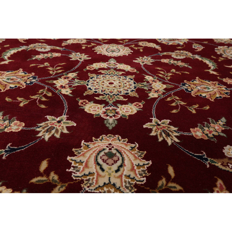Tapis décoratif en Bourgogne noué à la main 8 pi x 9 pi 9 po de conception unique Ivoire/noir