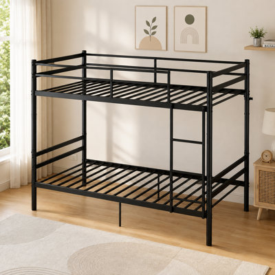 Lit superposé noir robuste, peut être démonté en deux lits simples, conception à garde-corps élevé pour un assemblage facile, rangement sous le lit adapté aux petites pièces.