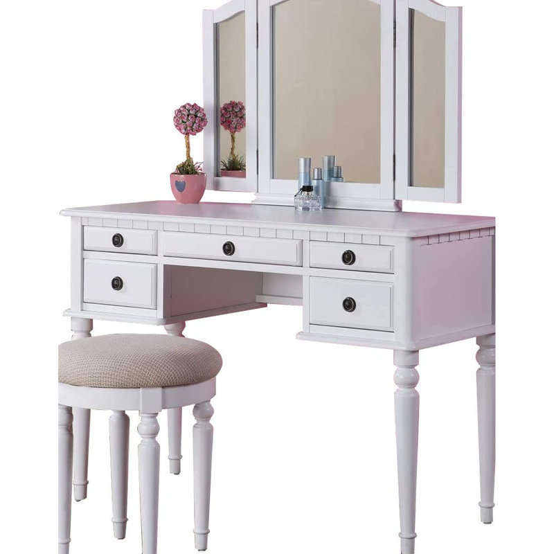 Bedroom Vanity In Contemporary Style, White, With Foldable Mirror, Padded Stool And Drawers For Youth, Echoing Golden Age Sophistication, Solid Rubberwood White Color, Storage Drawers, 's Era Look