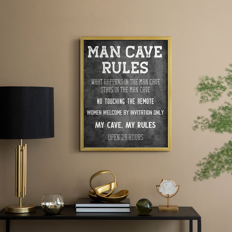 «Man Cave Rules», reproduction encadrée - bois massif, H 11 po x l 9 po, Doré