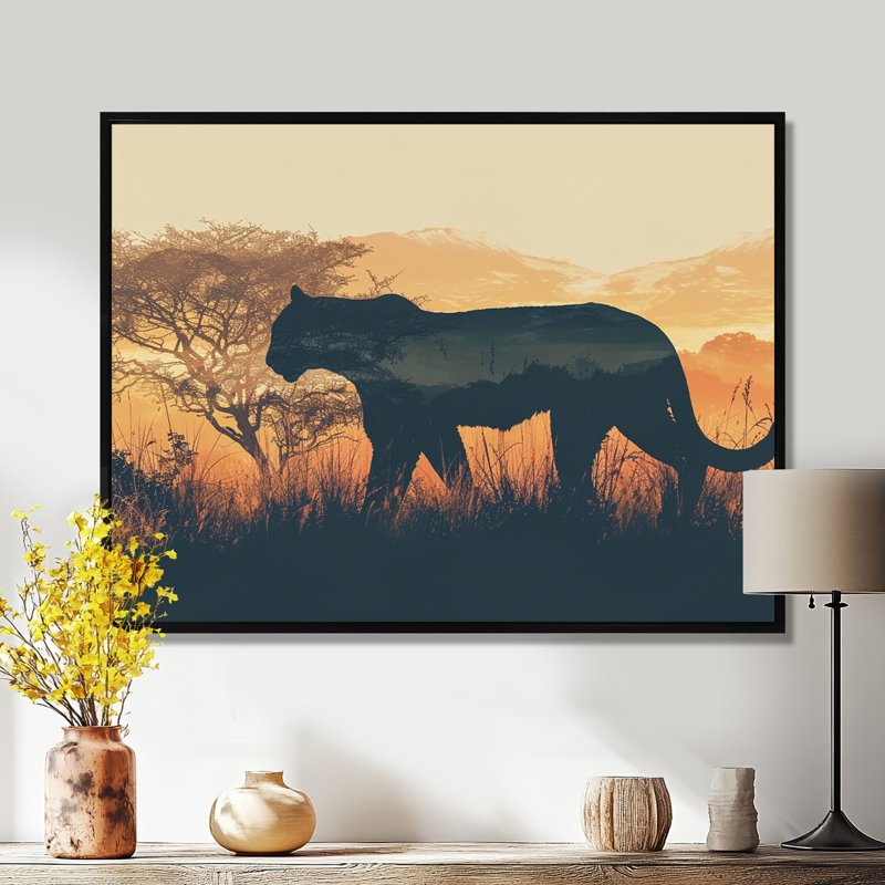 Silhouette de couguar dans la savanne - léopard / guépard, art mural, H 12 po x l 20 po x P 1 po, Toile avec cadre noir
