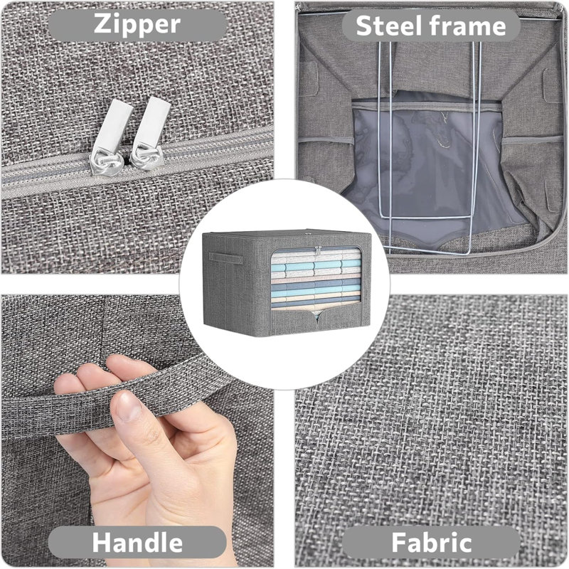 3 Pack Clothes Storage Bins Foldable Metal Frame Storage Box Stackable Linen Fabric Organizer Set With Carrying Handles And Clear Window (15.7X11.8X7.8Inch(22L))