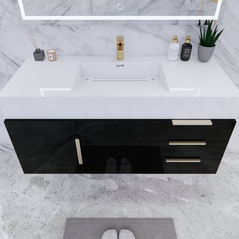 Ensemble de meuble-lavabo simple mural 48 po Glasgow, Noir ultrabrillant, Blanc brillant