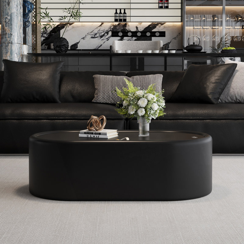 Table basse ovale avec rangement dissimulé et plateau en verre trempé, Black