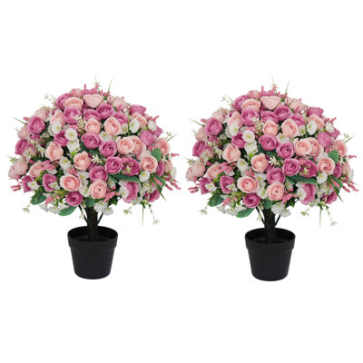 24 in. Pink Outdoor Artificial Rose Topiary Trees in Pots UV-Resistant Faux Plants for Front Door and Porch, 2 Pack