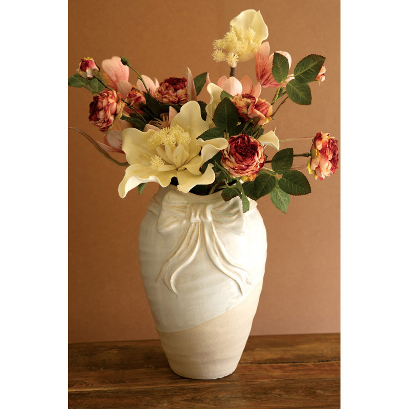 Kalalou White Ceramic Vase with Bow – 14" Tall Decorative Accent