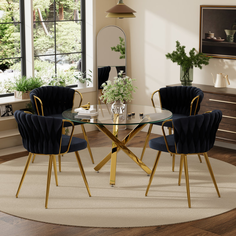 Ensemble repas rond, 5 pièces: table, 4 chaises, Noir, Doré