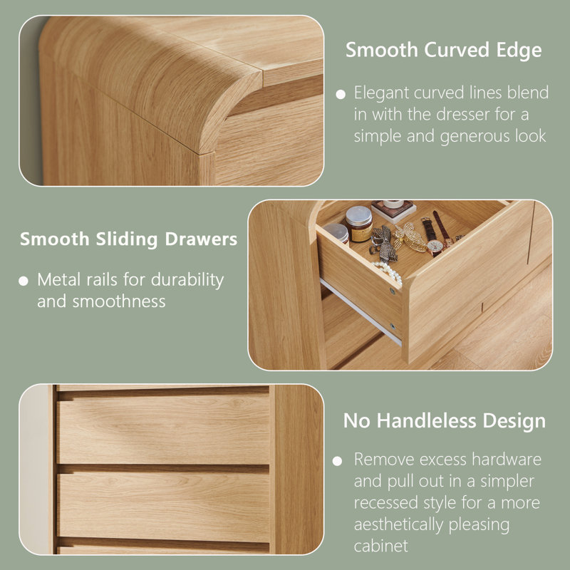 Maud Modern 5 Drawers Dresser for Bedroom, 45" Tall Dressers & Chests of Drawers w/Curved Profile Design, Natural