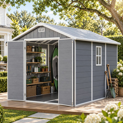 Remise de rangement extérieure en résine l 8 pi. X P 10 pi. Construction à double porte avec plancher robuste à haute résistance, gris clair