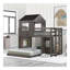 Lit superposé simple en bois sur lit double, lit mezzanine avec maisonnette, maison de campagne, échelle et garde-corps, gris antique