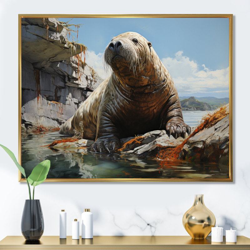Morse de charme rustique - animaux, reproduction sur toile, H 34 po x l 44 po x P 1,5 po, Cadre flottant doré