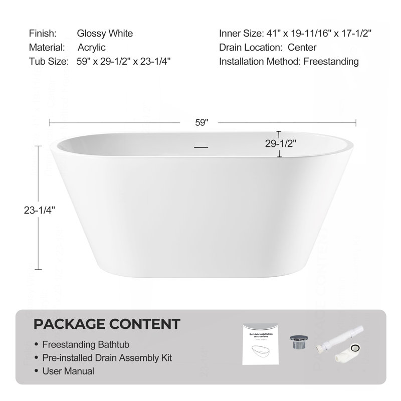 Baignoire autoportante de 60 po en acrylique, baignoire autoportante ovale avec drain chromé Toe-Tap et trop-plein à fente classique, certifié Cupc, blanc brillant