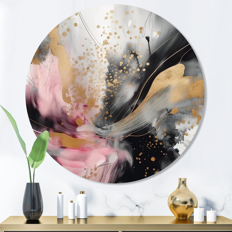 Texture or rose rose Splash Marble III - art abstrait rond en marbre sur métal, H 36 po x l 36 po x P 1 po