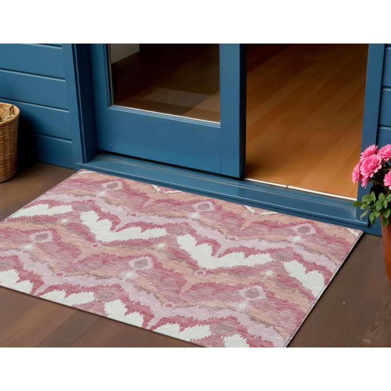 3' X 5' Blush Mauve And Ivory Ikat Washable Indoor Outdoor Area Rug