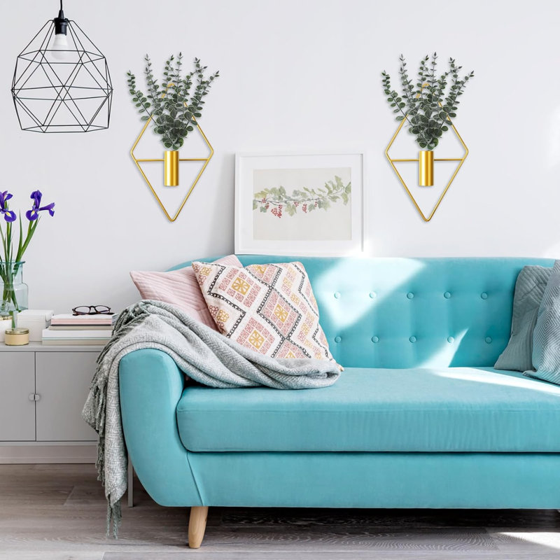 4 pots de fleurs suspendus avec un vase suspendu en métal d'eucalyptus artificiel pour plantes d'intérieur Support de salle de bain moderne géométrique Boho pour le bureau à domicile (eucalyptus, or)