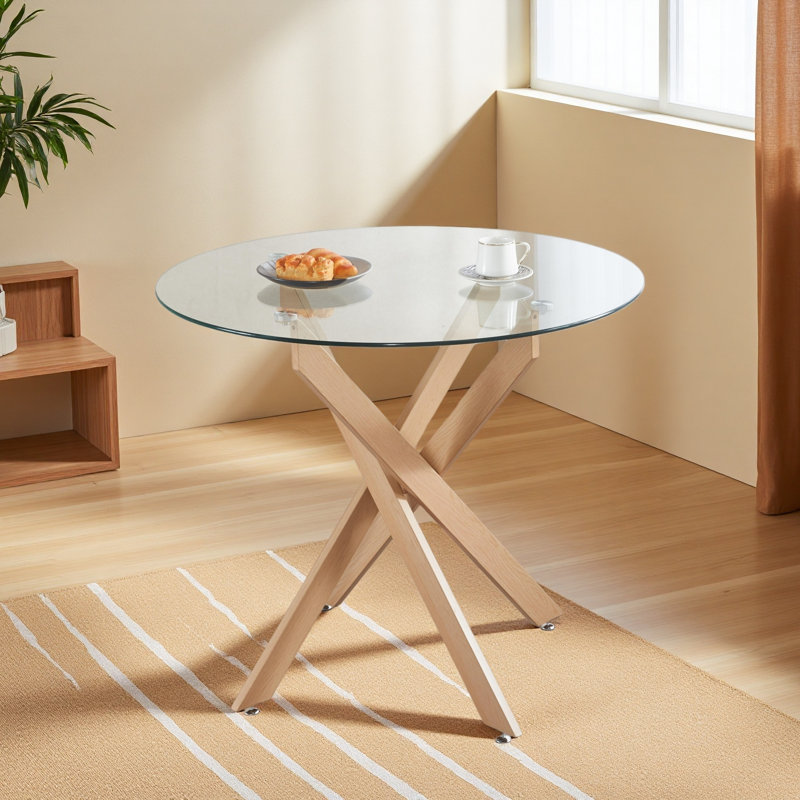 Round Dining Table with cross metal leg and tempered glass, Oak, 29.13''H x 35.43''L x 35.43''W, Transparent