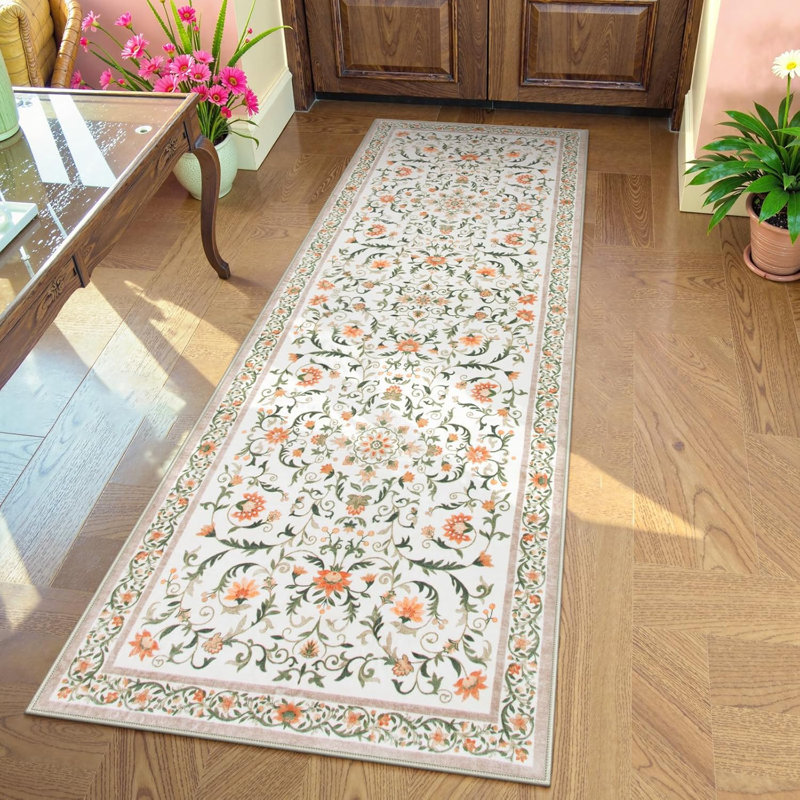  Floral Washable Area Rug Non-Slip Stain Resistant Low-Pile Boho Large Indoor Throw Carpet, Orange, Runner 2' x 6'