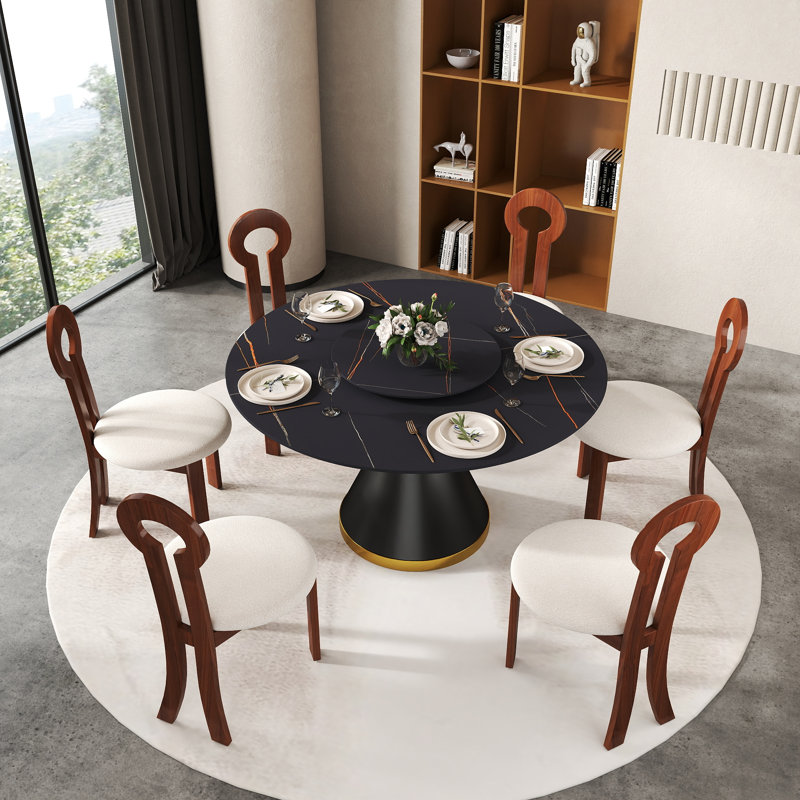 6 Seat Modern Round Sintered Stone Dining Table With Rotating Tray,modern Key-shaped Dining Chairs, Black