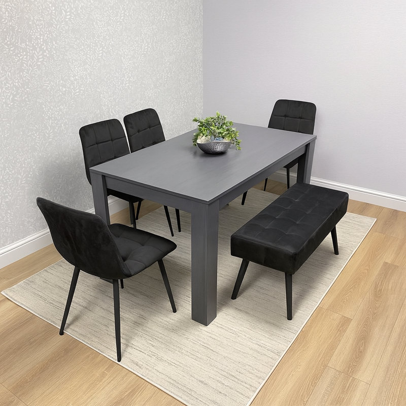 Dining Table and 4 Velvet Chairs With 1 Bench Dining Set Furniture, 75cm H x 117cm L x 77cm W, Black, Charcoal