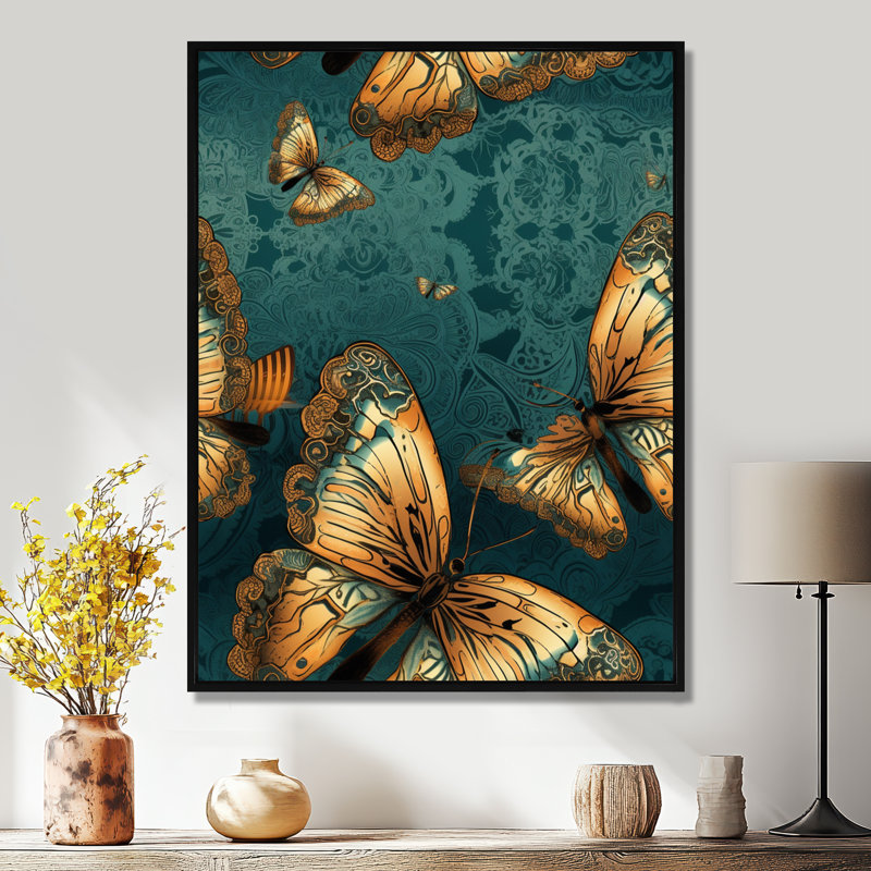 Golden Wings on Turquoise - Butterfly Animal, art mural, Toile avec cadre noir, H 20 po x l 12 po x P 1 po