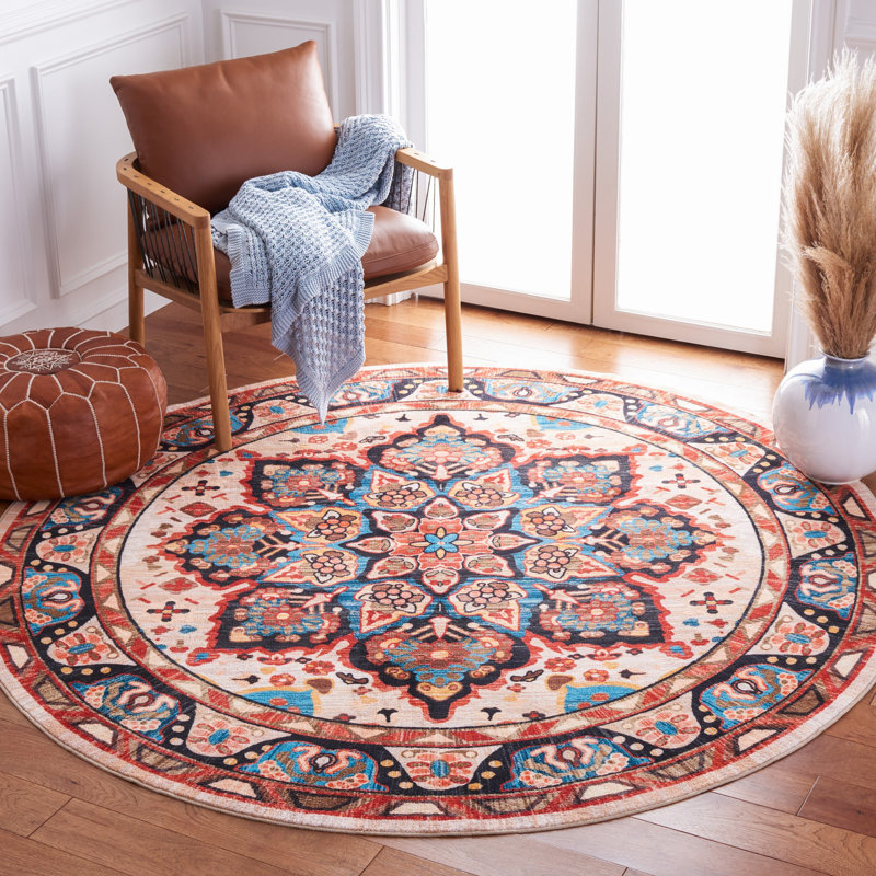 Manado Oriental Blue/Beige Area Rug, Round 6'7"