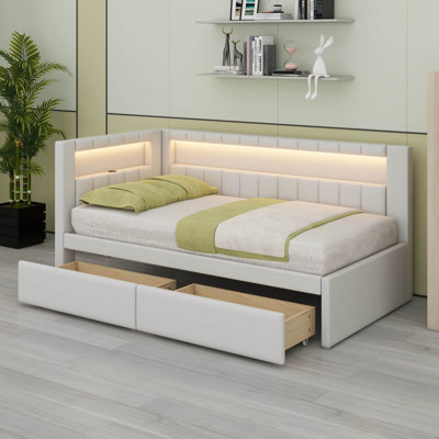 Twin Size Upholstered Daybed With Drawers And USB/LED Belt, Corner Bed With Drawers by XINGXUANCHEN