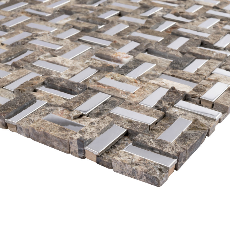 Carreau de mosaïque en marbre poli 12,01 po x 12,01 po Silver Brick, Brun / Argenté