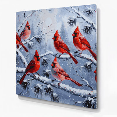 Art mural en métal de Noël oiseaux cardinaux sur des branches couvertes de neige