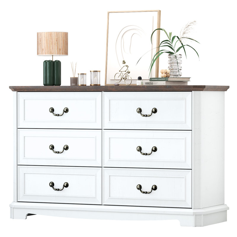 47" Beveled Wrap 6-Drawer Chest in Antique , Farmhouse Rustic Dresser with Roman Column Design and Metal Handles, Large Storage Cabinet for Bedroom, Living Room, Hallway