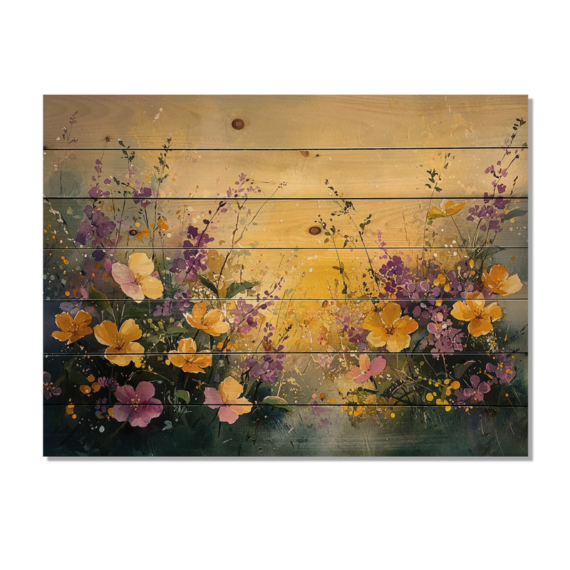 Fleurs dorées dorées, horizon verdâtre I - impression sur bois de fleurs sauvages - sur bois de pin naturel