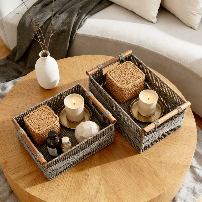 Handwoven Storage Baskets With Wood Handles, Recyclable Paper Rope Decorative Organizer For Living Room, Bedroom, Shelves, And Home Office, Set Of 2