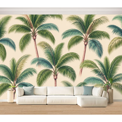 Papier peint auto-adhésif Magnifique palmiers tropicaux floraux sans soudure autocollants en papier contact amovible pour salon Chambre à coucher H 100 po x l 144 po