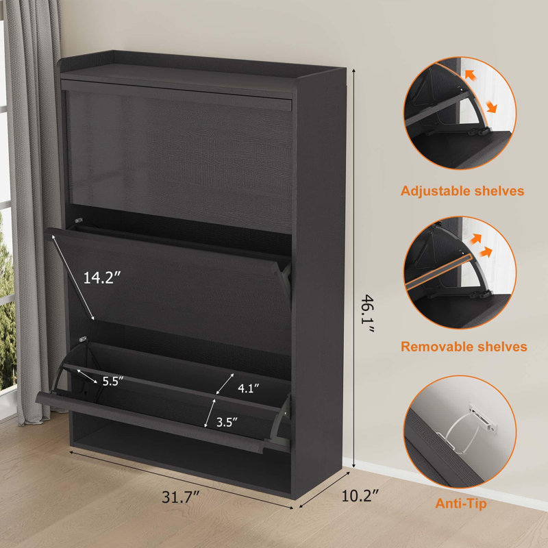 2-Flip Drawer Shoe Cabinet, Wooden Shoe Organizer with Adjustable Shelf, 18-24 Pairs Entryway Shoe Storage, Sturdy Shoe Cabinet for Hallway