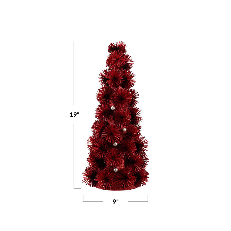 Red Tinsel Ball Tree with Gilded Beads, 19.25" H x 9" W x 9" D, Red