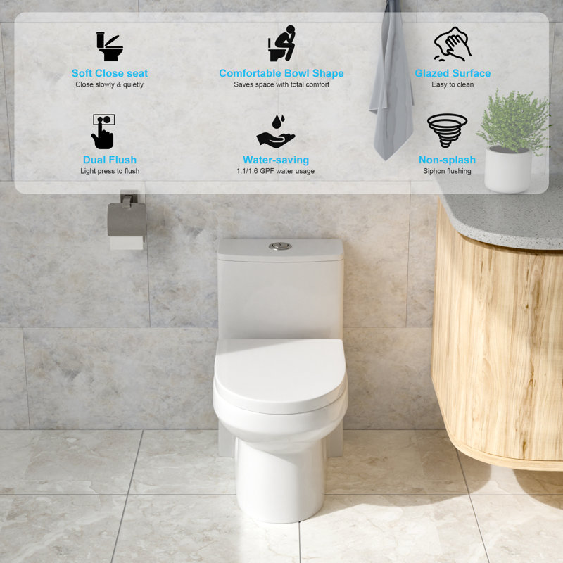 White Elongated One-Piece Toilet with Soft Close Seat, Comfort Height, Dual Flush 1.1/1.6 GPF Modern Bathroom Toilet, 12'' Rough-in