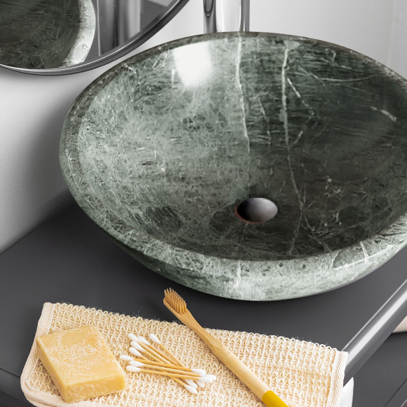 Handmade Marble Onyx Bathroom Sink, 16”, Round Vessel Sink, Green Zebra