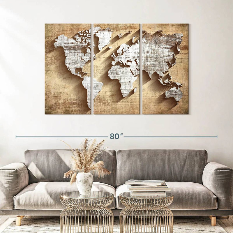 Carte du monde en bois sculpté, carte du monde sur toile, ensemble de 3 pièces, H 36 po x l 57 po x P 1,25 po