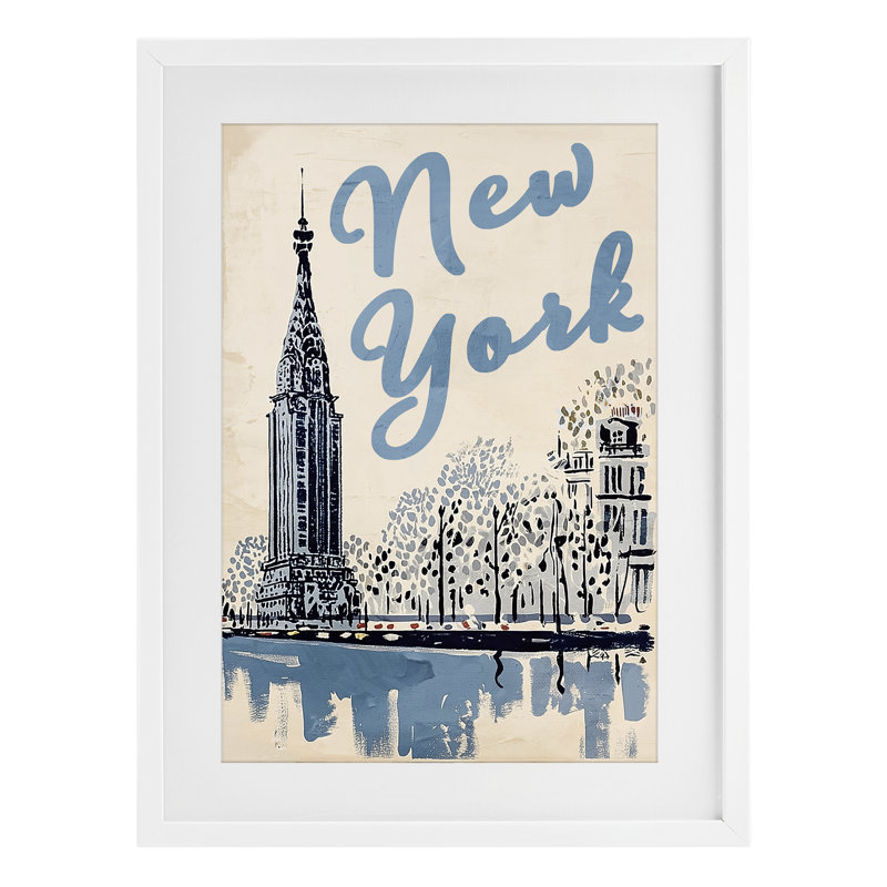 «Blue and Beige New York», reproduction sous verre encadrée, design par Annabelle Hall, H 23 po x l 17 po, Cadre blanc côtier