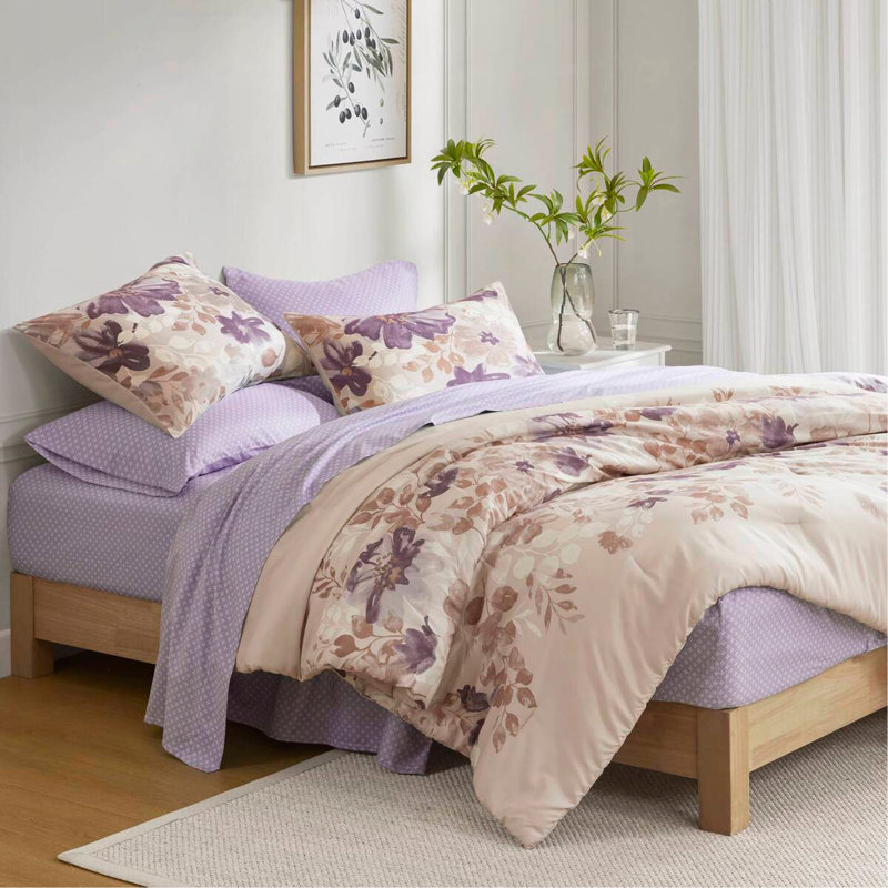 Ensemble d'édredon floral avec draps, Taupe / lilas, Édredon de très grande taille et 6 pièces suppl