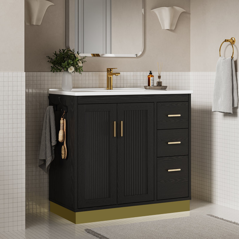 Vicky 36" Modern Black Single Bathroom Vanity With Integral White SMC Sink And Gold Hardware