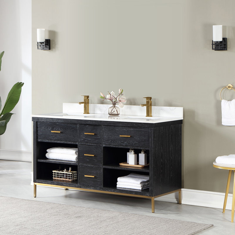 Ensemble de meuble-lavabo double 60 po Arva, Noir, Or