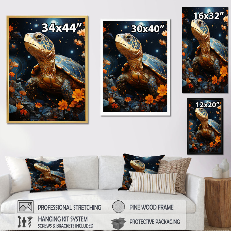 Tortue avec ciel étoilé sur toile, Cadre simple blanc, H 32 po x l 24 po x P 1 po