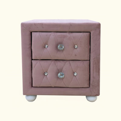 Beautiful Pink Fabric Upholstered Nightstand With Two Storage Drawers Wooden Bedroom Furniture 1Pc