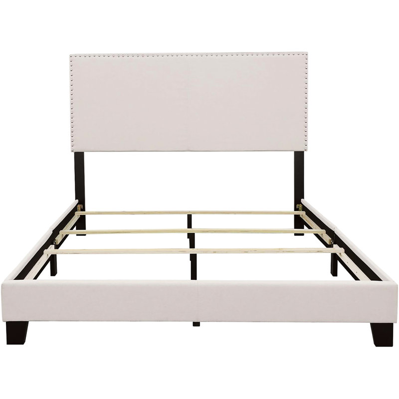 Lit double pour chambre à coucher - Tissu et pieds avec bordure moderne en bois à la mode, Ivoire ivoire, Double