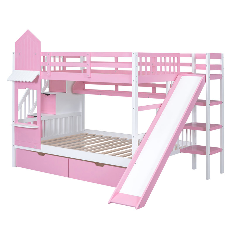 Hatina Kids Castle Style Storage Bunk Bed with Slide and Stairs, Pink, Full