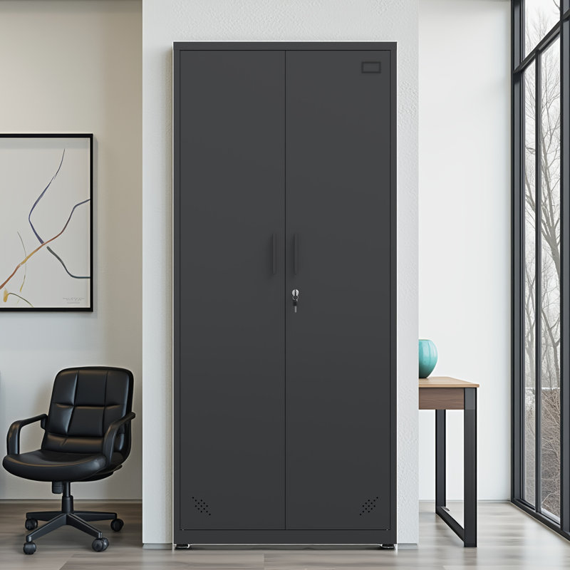 Armoire de rangement haute avec 2 portes et 4 cloisons pour séparer 5 espaces de rangement, Noir